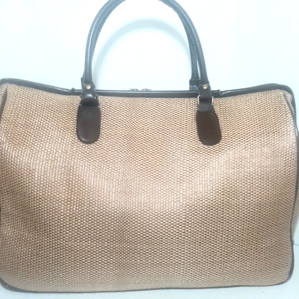 Elegant Tan Nylon Weave with Chocolate Brown Faux Leather Travel/Duffle Baf - Picture 5 of 9